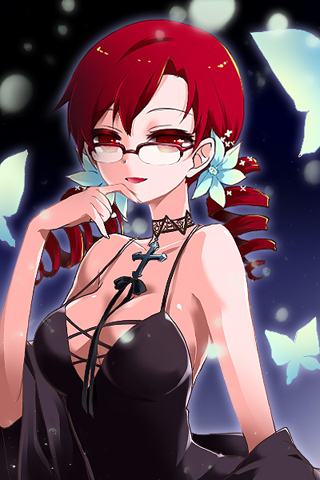arm_up armpits breasts butterfly choker cross crucifix dress drill_hair flower glasses jewelry large_breasts lowres necklace open_mouth red_eyes red_hair redhead smile strap_gap sword_girls ubina vernika_answer