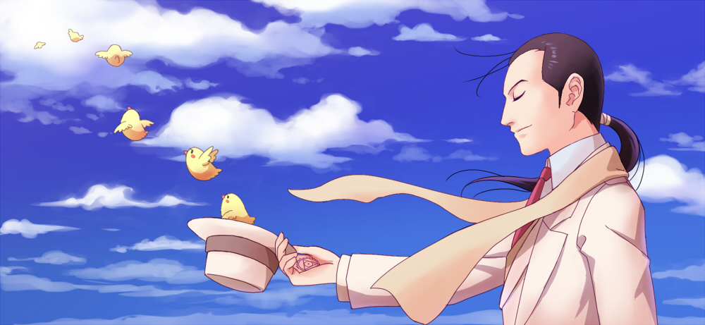 bird black_hair chick formal fullmetal_alchemist hat hat_removed headwear_removed holding holding_hat male orange541 ponytail scarf sky solf_j_kimblee solo suit white_suit wind