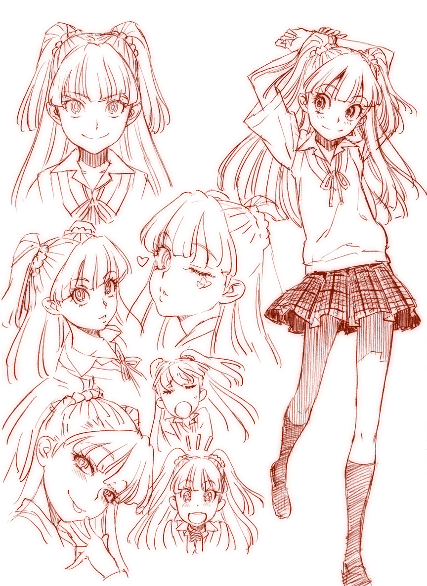 arms_up character_sheet closed_eyes collage eyes_closed heart hijiri_rei idolmaster idolmaster_cinderella_girls jougasaki_rika kneehighs lineart long_hair looking_at_viewer monochrome open_mouth school_uniform simple_background skirt smile solo star sweater_vest symbol-shaped_pupils tongue twintails two_side_up wink