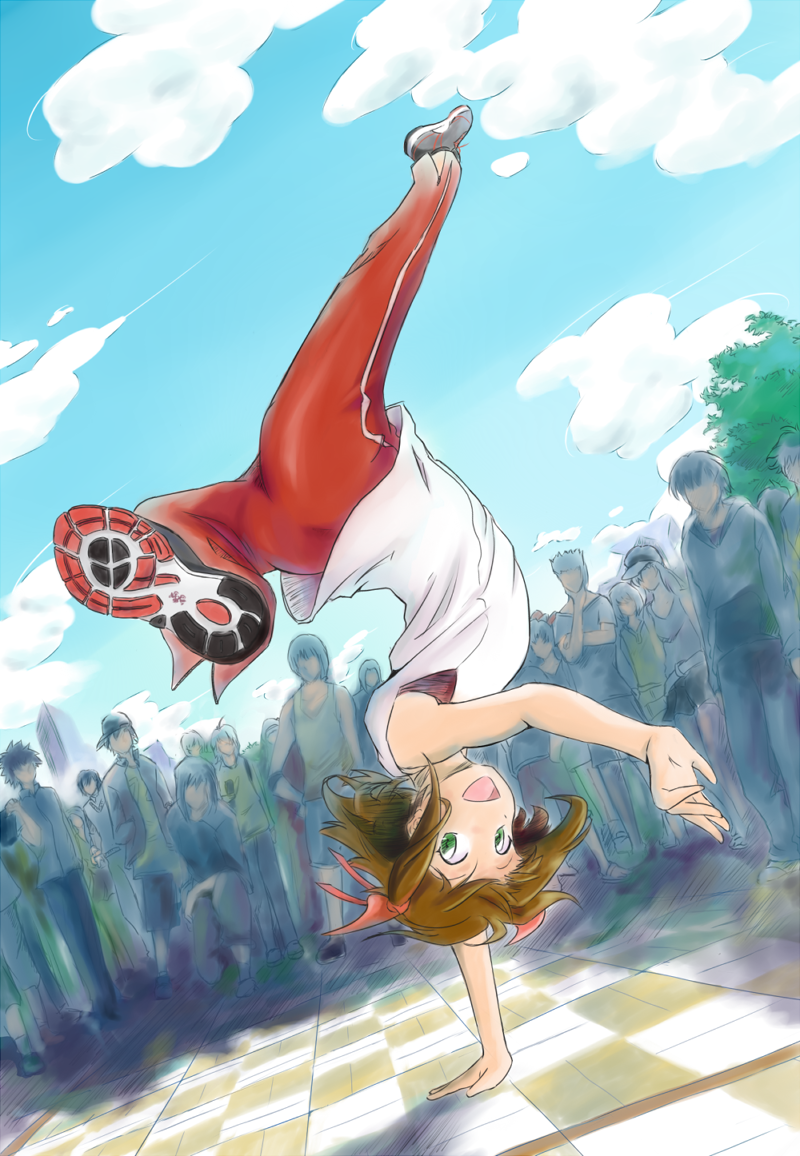 :d amami_haruka arched_back breakdance brown_hair checkered checkered_floor cloud clouds crowd dutch_angle foreshortening green_eyes handstand idolmaster looking_at_viewer nguyen_van-hai open_mouth outdoors ribbon shoe_soles short_hair sky sleeveless sleeveless_shirt smile solo track_pants upside-down