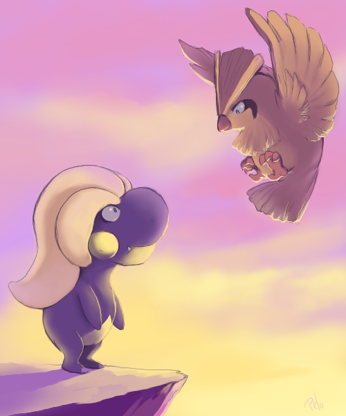 bird cliff creature fang flying jealous looking_down looking_up no_humans pidgey pokemon pokemon_(creature) purple_sky purplekecleon sky standing