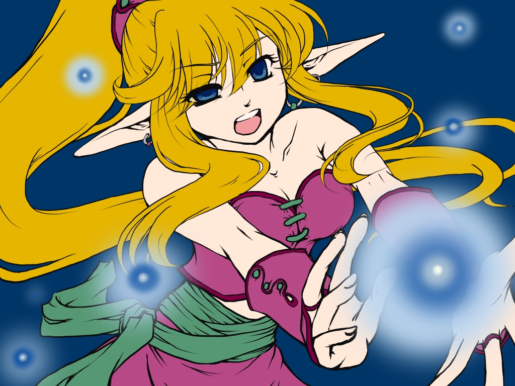 bare_shoulders blonde_hair blue_eyes breasts bridal_gauntlets bustier cleavage earrings jewelry k_a_y_a long_hair magic open_mouth pointy_ears purim sash seiken_densetsu seiken_densetsu_2 solo