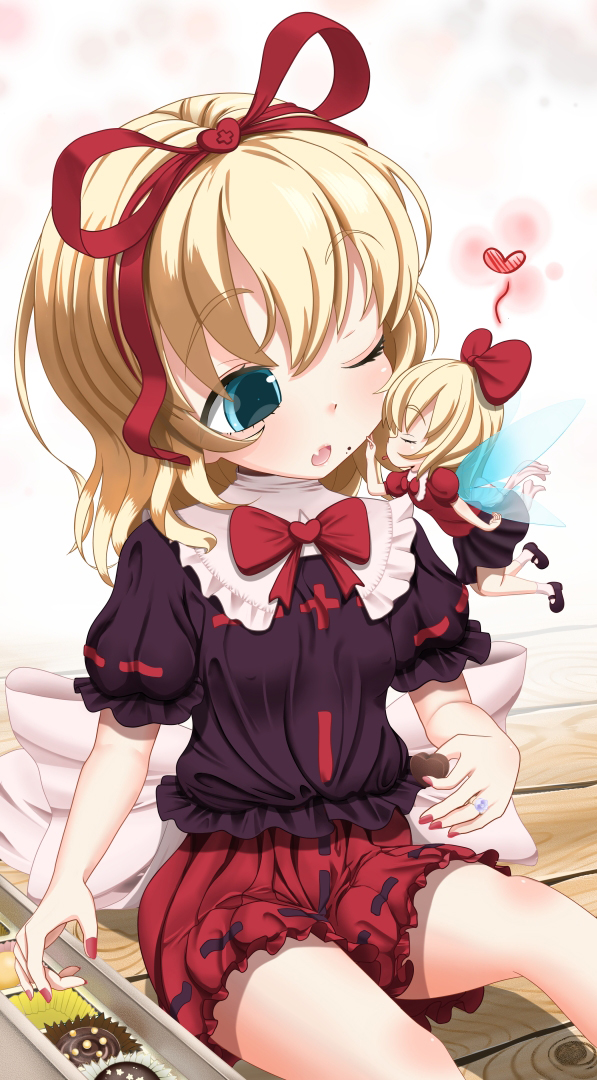:o blonde_hair bloomers blue_eyes bobby_socks bow chocolate eyelashes fairy_wings fang fingernails floor flying food food_on_face hair_ribbon heart jewelry mary_janes medicine_melancholy nail_polish oberssa puffy_sleeves ribbon ring shoes short_hair short_sleeves sitting skirt socks solo su-san touhou white_background wings wink