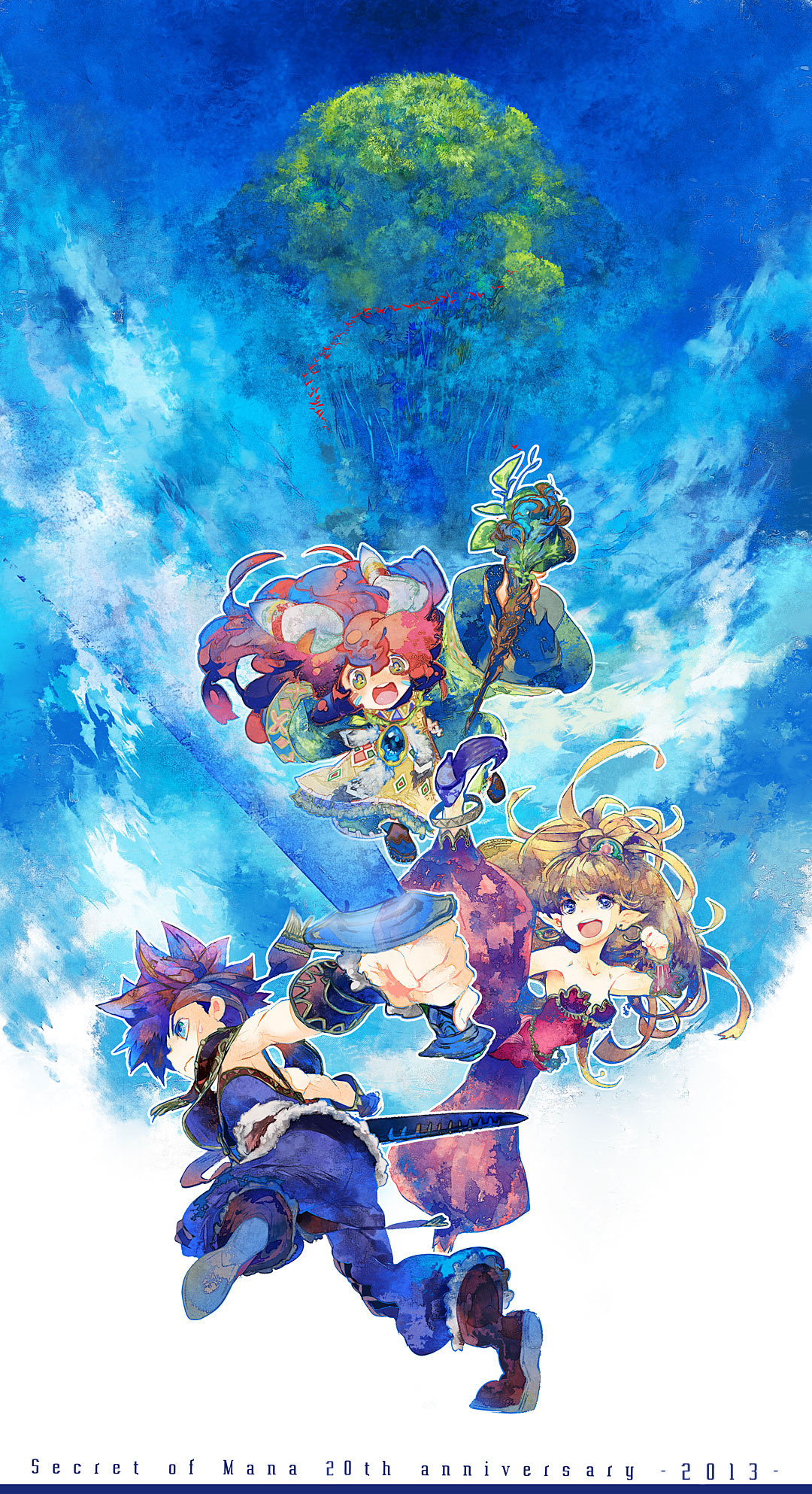 2boys androgynous bare_shoulders bird blonde_hair brown_hair earrings facepaint feathers flamingo giant_tree hair_feathers headband highres hoop_earrings jewelry long_hair mana_tree multiple_boys ol_oiiii ponytail popoie purim randi red_hair redhead seiken_densetsu seiken_densetsu_2 spiked_hair spiky_hair staff vambraces