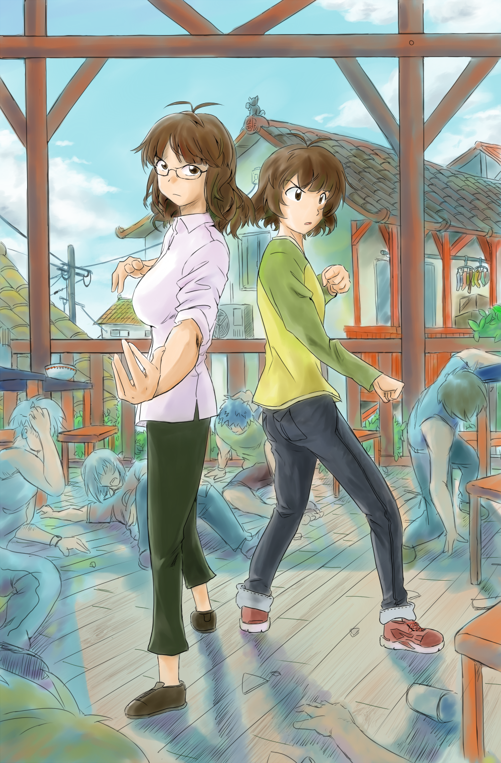 akizuki_ritsuko akizuki_ryou antenna_hair back-to-back beaten breasts broken_glass brown_hair clenched_hands dress_shirt east_asian_architecture fighting_stance glass glasses highres idolmaster idolmaster_dearly_stars jeans karate laundry multiple_boys nguyen_van-hai on_ground shirt sky sleeves_pushed_up