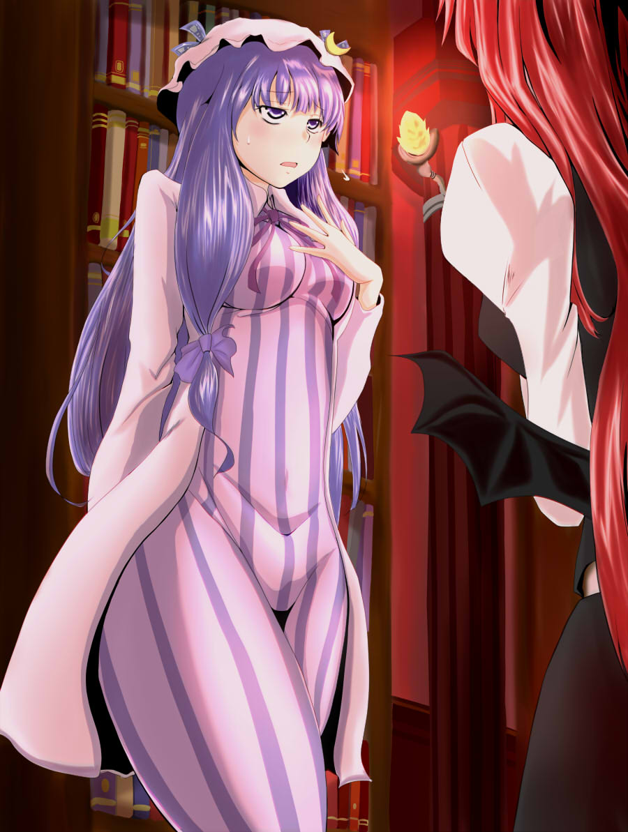 awasarin book breasts commentary commentary_request crescent_moon dress embarrassed hat koakuma long_hair moon multiple_girls patchouli_knowledge purple_eyes purple_hair red_hair redhead striped striped_dress sweatdrop touhou violet_eyes wings