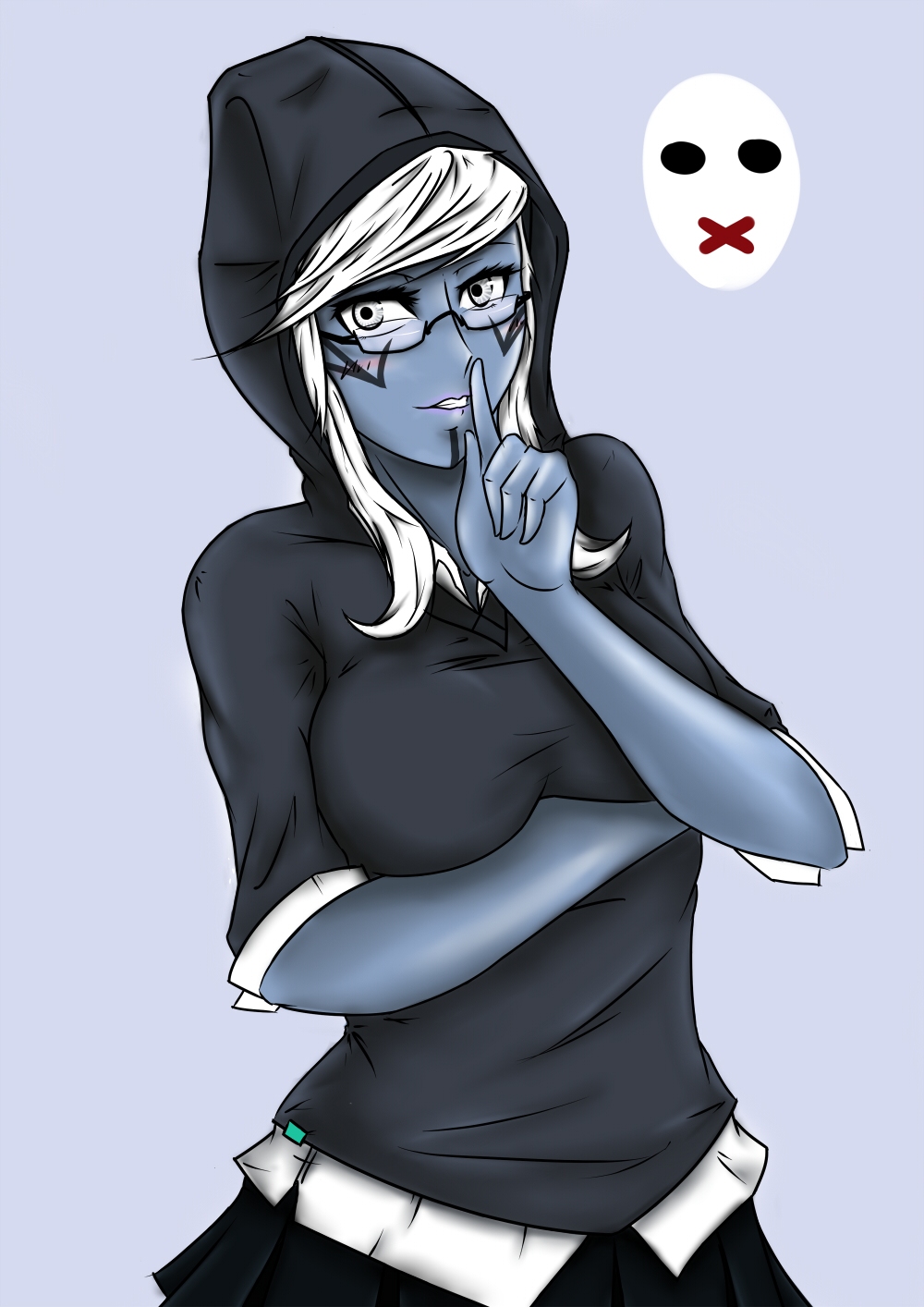 bespectacled blue_skin blush breast_hold breasts casual dark_elf dota_2 drawfag elf eyelashes facial_mark finger_to_mouth glasses green_eyes highres hoodie large_breasts long_hair pointy_ears semi-rimless_glasses short_sleeves shushing simple_background sleeves_rolled_up solo traxex under-rim_glasses white_hair