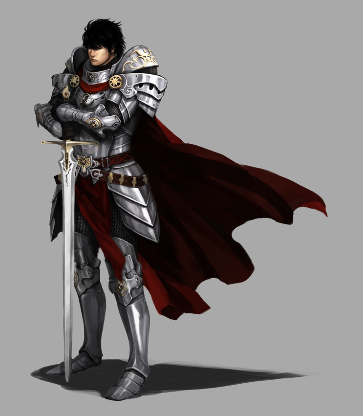 armor bad_id black_hair cape clamp8903 grey_background male original planted_sword planted_weapon realistic short_hair simple_background solo sword weapon