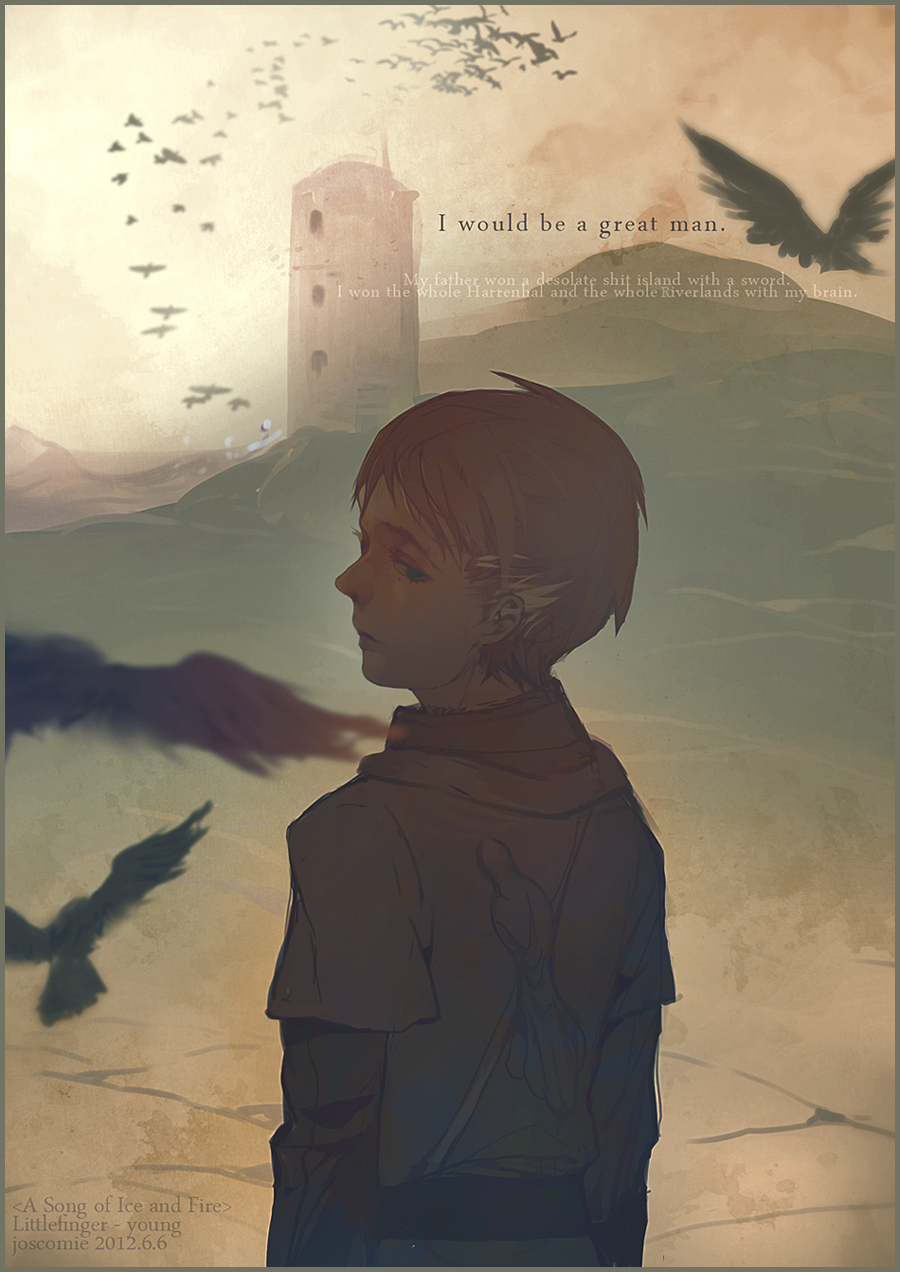 a_song_of_ice_and_fire bad_id bird blue_eyes brown_hair dates highres josco male petyr_baelish solo text tower young