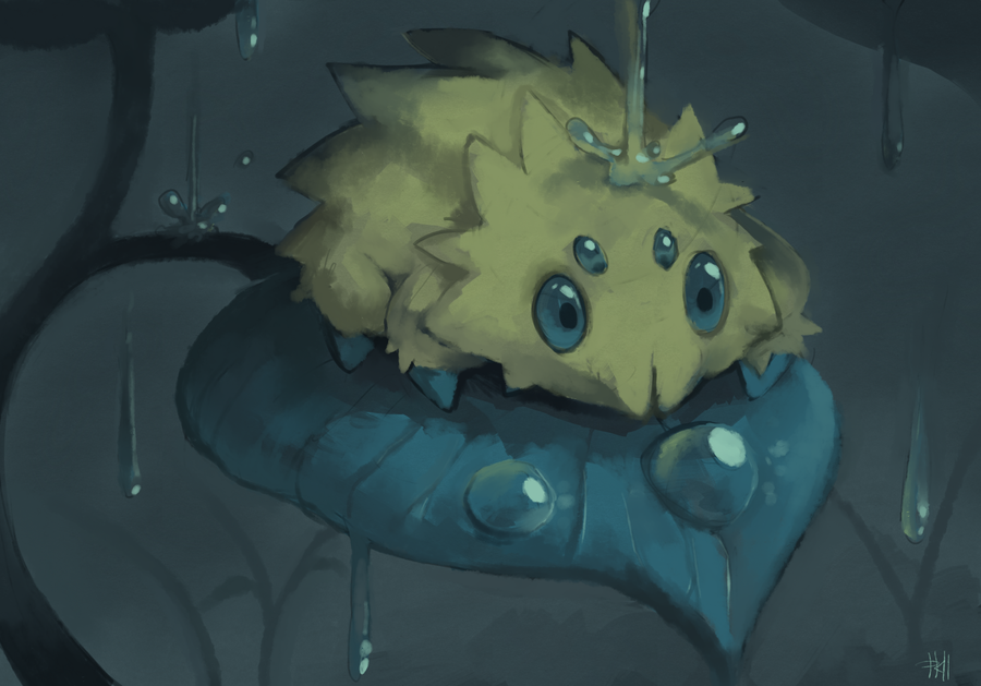 bug creature drop grey_background joltik leaf no_humans pokemon pokemon_(creature) purplekecleon signature solo water