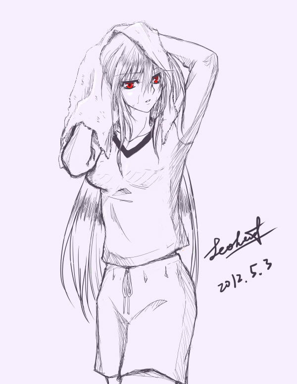 casual leoheart long_hair lyrical_nanoha mahou_shoujo_lyrical_nanoha mahou_shoujo_lyrical_nanoha_a's mahou_shoujo_lyrical_nanoha_a's monochrome red_eyes reinforce shirt shorts sketch solo spot_color towel very_long_hair