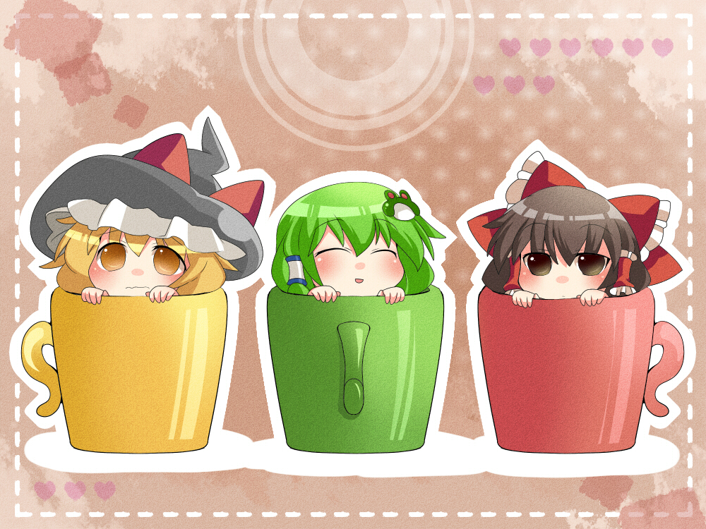 ^_^ aenobas blonde_hair bow brown_eyes brown_hair closed_eyes cup eyes_closed frame frog_hair_ornament green_hair hair_bow hair_ornament hair_tubes hakurei_reimu hammer_(sunset_beach) hat heart in_container in_cup kirisame_marisa kochiya_sanae multiple_girls open_mouth smile touhou wavy_mouth witch witch_hat yellow_eyes