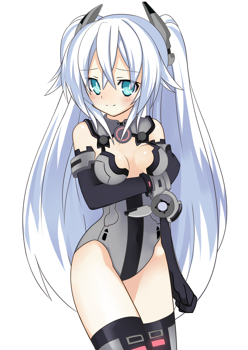 1girl bare_shoulders black_heart blue_eyes blush breast_hold breasts choujigen_game_neptune cleavage elbow_gloves gloves hair_ornament highres kami_jigen_game_neptune_v long_hair looking_at_viewer meimu_(pixiv) noire smile solo symbol-shaped_pupils thigh-highs thighhighs twintails very_long_hair white_hair