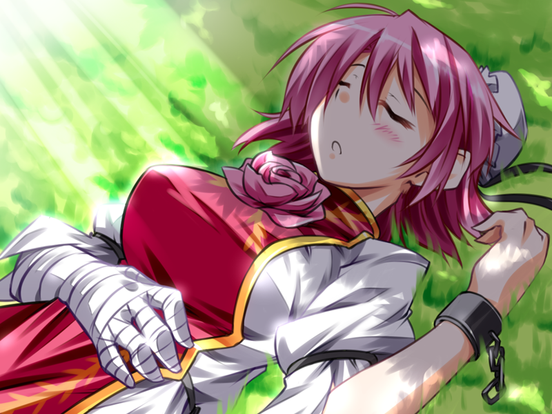 bandage bandages closed_eyes double_bun flower hemogurobin_a1c ibaraki_kasen lying on_back on_grass on_ground open_mouth pink_hair pink_rose rose shackle shirt short_hair sleeping solo tabard touhou