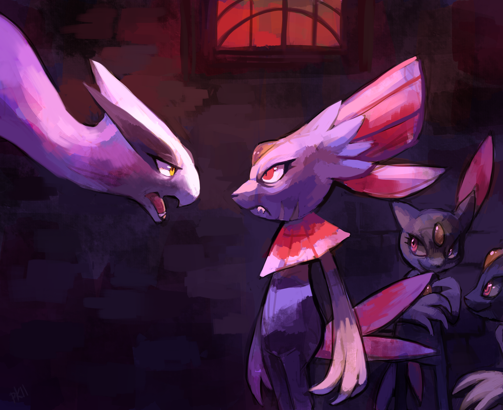 evil_smile eyelashes fangs indoors lugia no_humans open_mouth pink_eyes pmd-explorers pokemon pokemon_(creature) purplekecleon red_eyes signature smile sneasel standing weavile window yellow_eyes