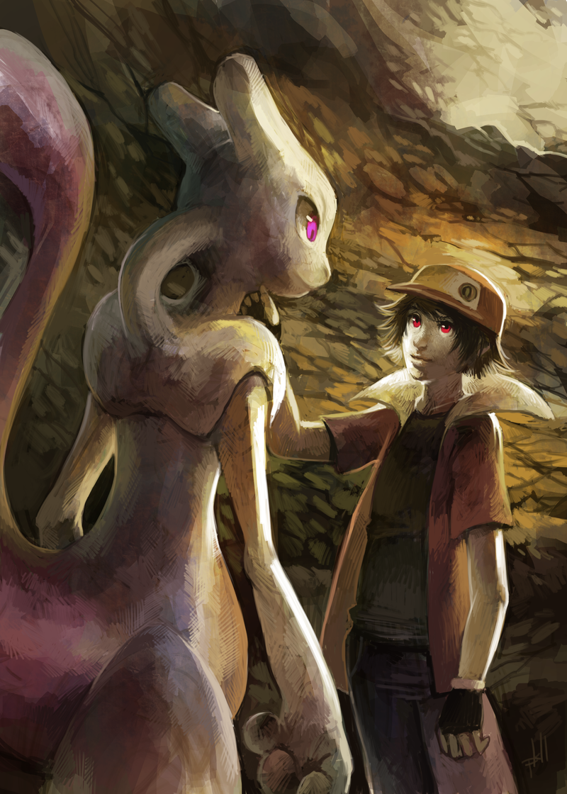 baseball_cap black_gloves black_hair boy cave creature gloves hat height_difference mewtwo pants pokemon pokemon_(creature) pokemon_(game) pokemon_rgby purple_eyes purplekecleon realistic red_(pokemon) red_(pokemon)_(classic) red_eyes shirt short_sleeves signature standing violet_eyes