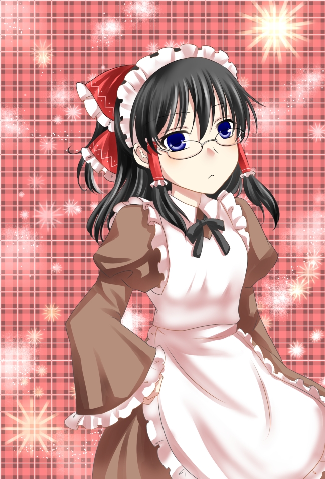 alternate_costume alternate_eye_color apron black_hair blue_eyes bow checkered checkered_background clenched_hand ears enmaided frown glasses hair_bow hair_tubes hakurei_reimu hand_on_hip head_tilt hips looking_at_viewer maid maid_headdress puffy_sleeves red_background ribbon royaleden sleeves_past_wrists solo sparkle touhou