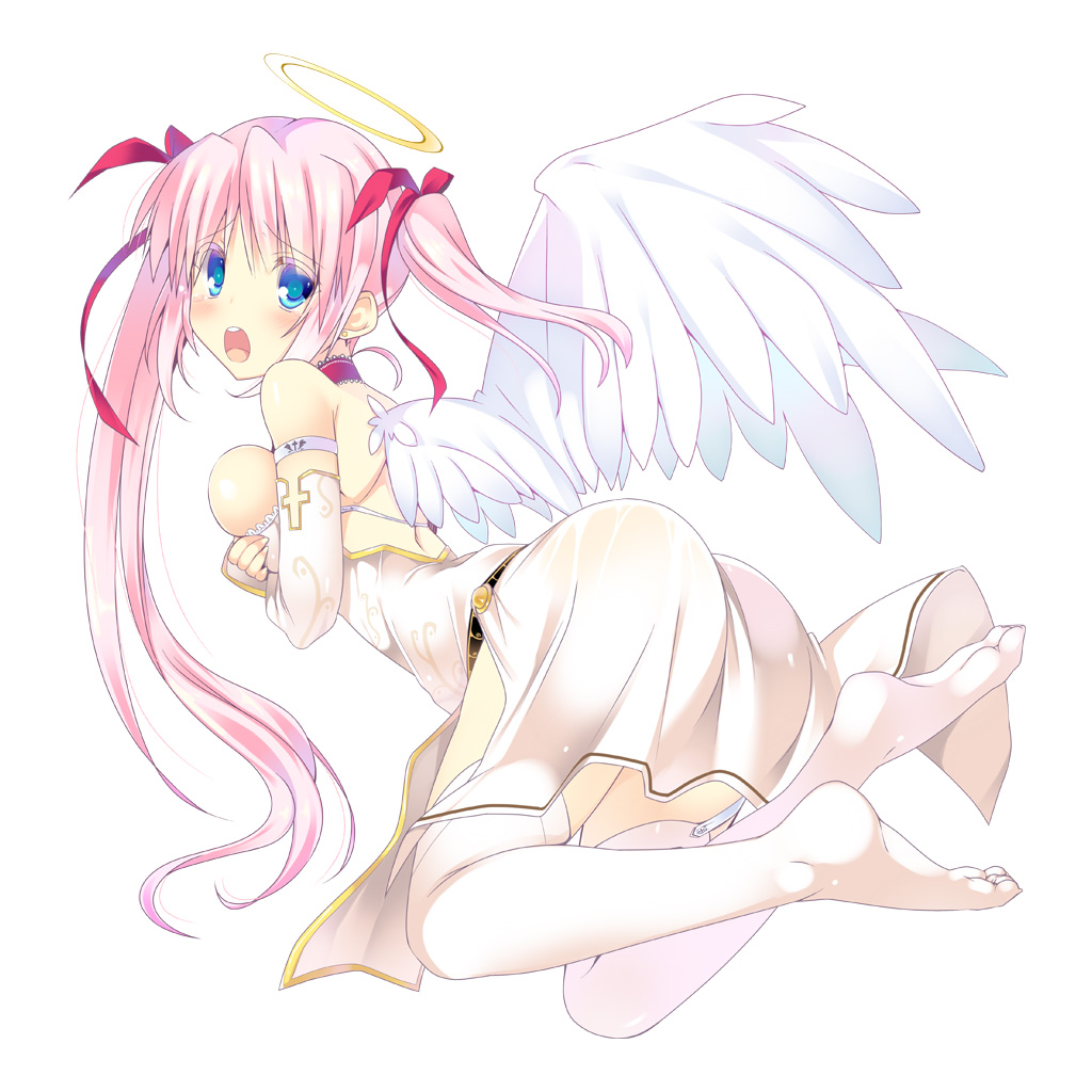 ass blue_eyes blush breast_press breasts dress halo long_hair open_mouth original pink_hair simple_background tears thigh-highs thighhighs twintails uneven_twintails white_background white_legwear wings yanagi_yuu