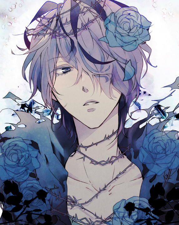 blue_eyes collarbone flower garry_(ib) gary_(ib) ib looking_away male open_mouth rose ruco solo thorn thorns