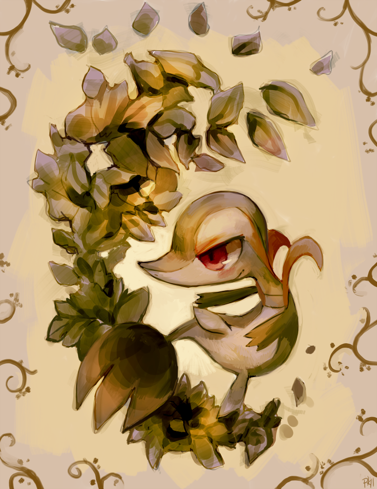 brown_eyes commentary creature green green_skin jumping leaf looking_away no_humans pokemon pokemon_(creature) profile purplekecleon sepia_background signature snivy solo