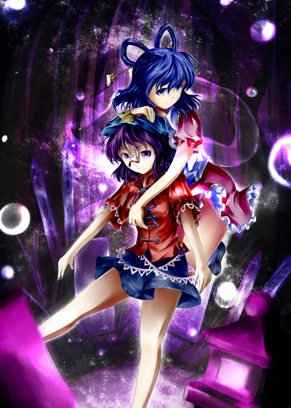 bad_id blouse blue_eyes blue_hair bubble f_kz fingernails flying hair_rings hair_stick hand_on_another's_chest hand_on_another's_chest hand_on_head hat highres kaku_seiga kneehighs leg_up light_particles light_smile looking_at_viewer miyako_yoshika multiple_girls ofuda on_one_leg outstretched_arms parted_lips purple_background purple_eyes purple_hair shawl short_hair short_sleeves skirt standing standing_on_one_leg star stone_lamp stone_lantern tombstone touhou vest violet_eyes white_legwear zombie_pose
