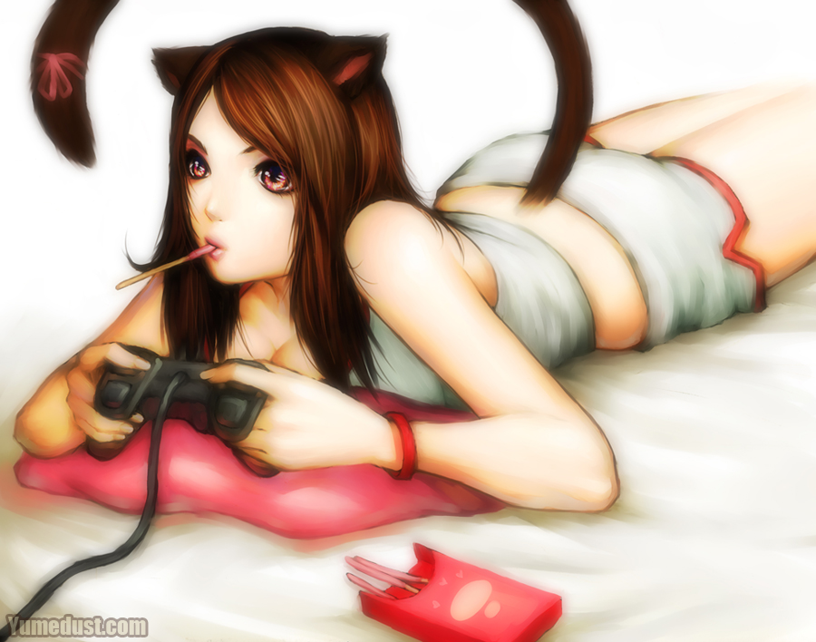 1girl brown_hair candy cat_ears cat_tail copyright_request indoors katie_de_sousa lips lying on_stomach playing_games playstation pocky product_placement red_eyes ribbon short_hair shorts signature solo tail tail_ribbon video_game