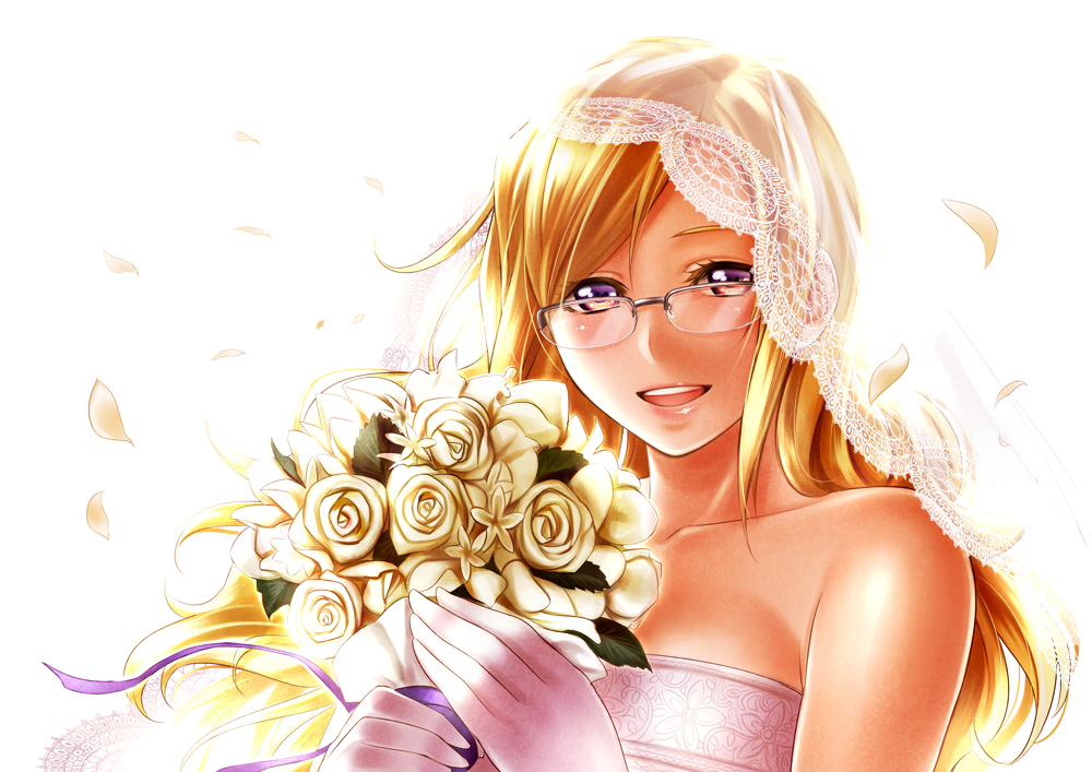 bare_shoulders blonde_hair blush bouquet breasts bridal_veil dress flower glasses gloves kiryuu_moeka long_hair nidoro petals purple_eyes ribbon smile solo steins;gate veil violet_eyes wedding_dress