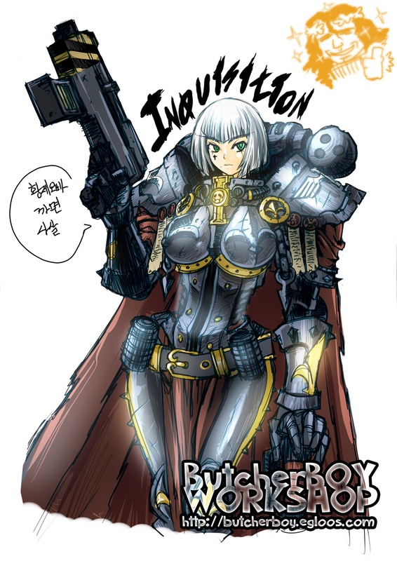bob_cut butcherboy cape emperor_of_mankind explosive grenade korean power_armor science_fiction short_hair sisters_of_battle thumbs_up tunic warhammer_40k white_hair