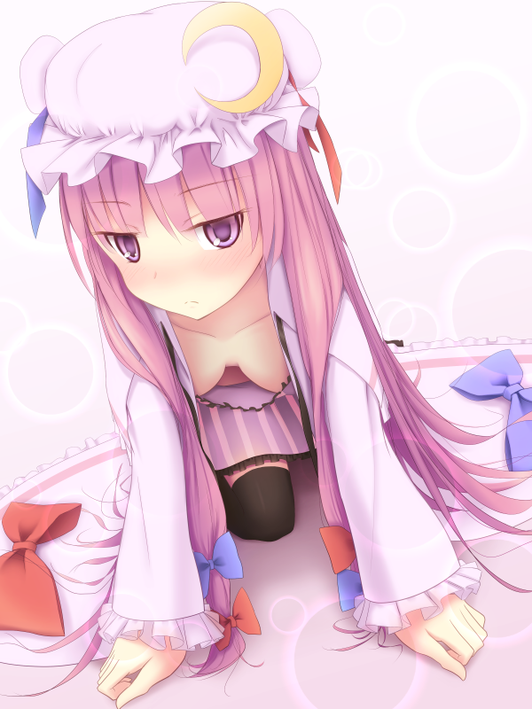all_fours black_legwear bow breasts cleavage down_blouse hair_bow hat kujira-kousen no_bra patchouli_knowledge purple_eyes purple_hair solo thigh-highs thighhighs touhou violet_eyes