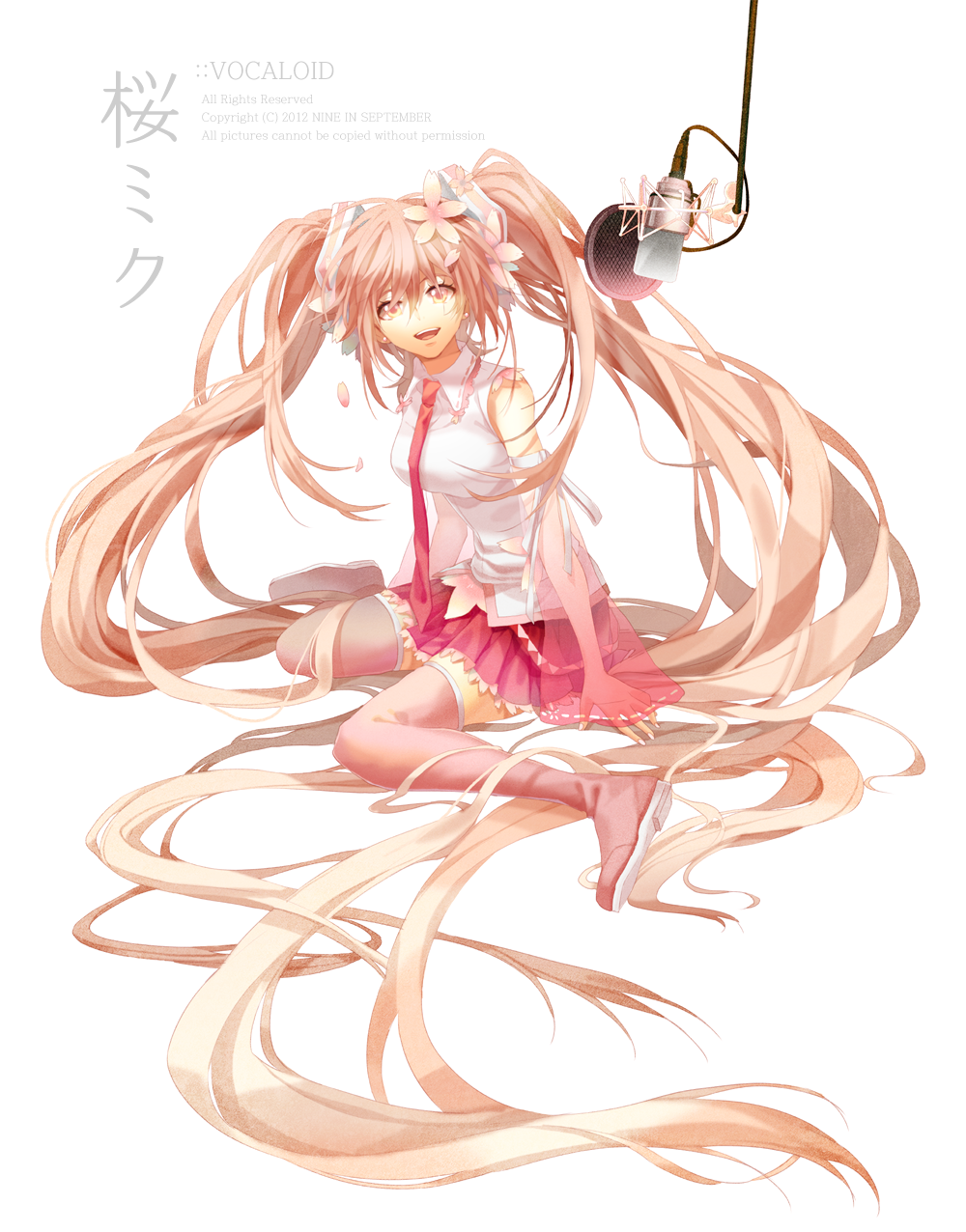 bad_id boots character_name detached_sleeves flower hair_flower hair_ornament hatsune_miku highres long_hair microphone necktie pink_eyes pink_hair sakura_miku see-through simple_background sitting skirt solo thigh-highs thigh_boots thighhighs twintails very_long_hair vkekrdhs vocaloid wariza white_background