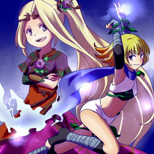 2girls bandages blonde_hair blue_eyes cropped_jacket detached_sleeves dress flower fluora goddess kid_icarus kid_icarus_uprising long_hair lowres navel nintendo open_mouth phosphora ponytail rose sandals scarf short_hair shorts very_long_hair viridi