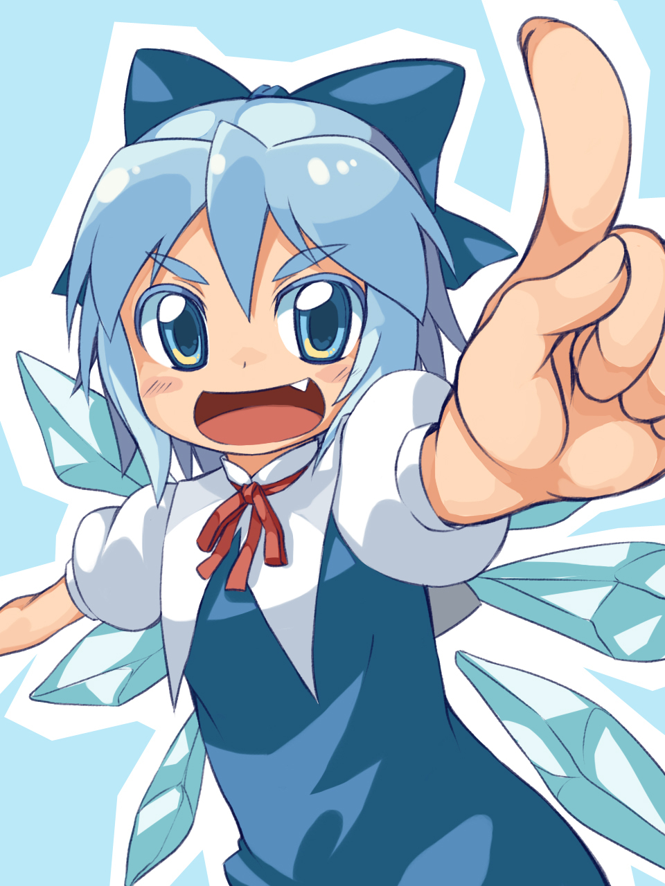 :d blue_eyes blue_hair blush bow chacha_(tyatya) cirno colored_eyelashes fang foreshortening hair_bow highres looking_at_viewer open_mouth perspective pointing pointing_forward smile solo touhou
