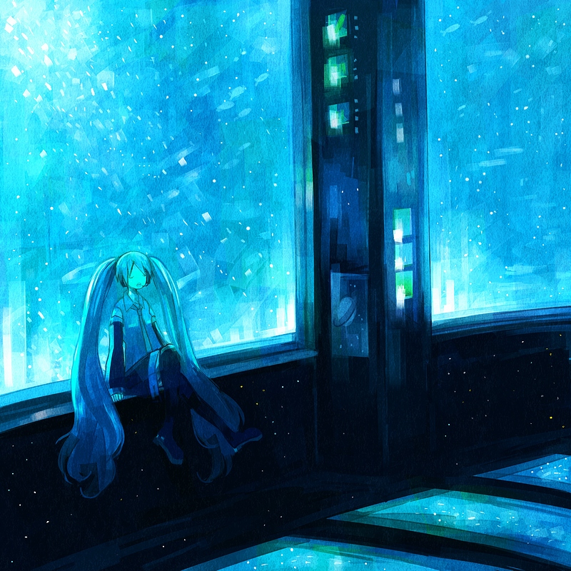 aquarium bad_id blue boots bubble closed_eyes detached_sleeves eyes_closed fish hatsune_miku headset lavender_hair light long_hair necktie nomiya nomiya_(no_38) open_mouth saturn scenery singing solo thigh-highs thigh_boots thighhighs twintails vocaloid