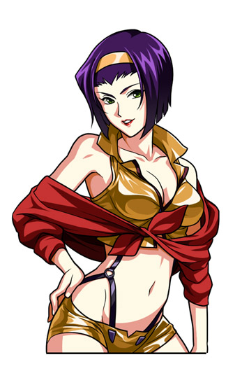 bob_cut breasts cleavage cowboy_bebop faye_valentine green_eyes hairband halter_top halterneck hand_on_hip hips lipstick makeup mayumio88 navel purple_hair shorts simple_background sleeves_rolled_up solo white_background
