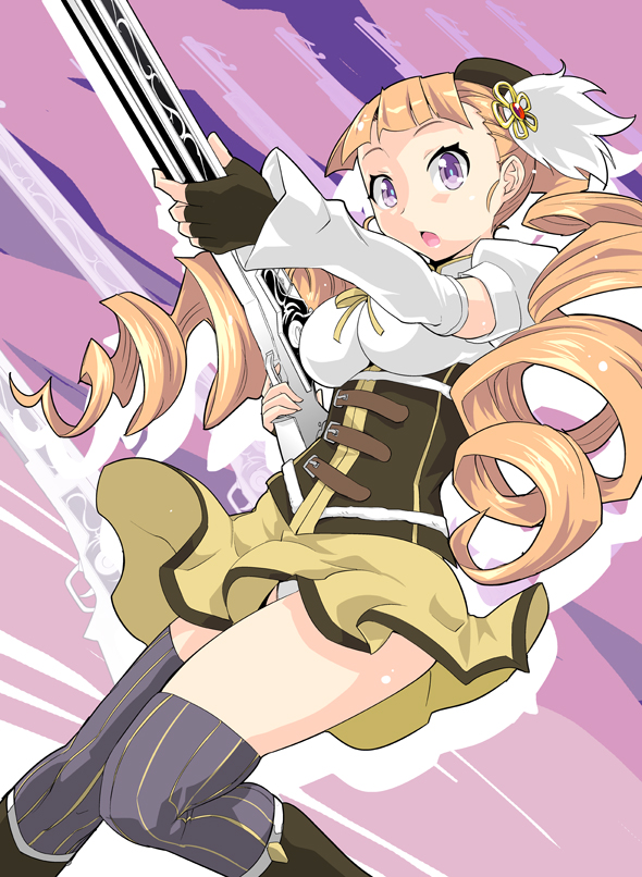 arcana_heart beret cosplay drill_hair gun hat long_hair look-alike magical_musket mahou_shoujo_madoka_magica panties petra_johanna_lagerkvist skirt solo takashi_moritaka thighhighs tomoe_mami tomoe_mami_(cosplay) underwear very_long_hair weapon weapon_connection