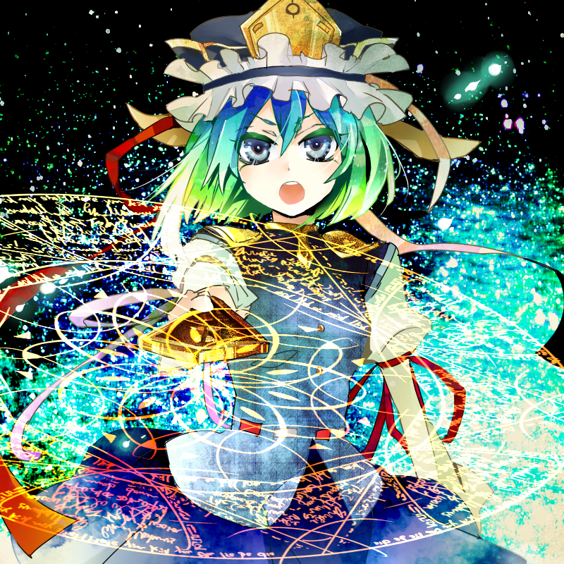 armband black_background blue_eyes bust buttons hat hat_ribbon light_particles long_sleeves looking_at_viewer magic_circle multicolored_hair open_mouth outstretched_arm ribbon rod_of_remorse shikieiki_yamaxanadu skirt solo touhou zami