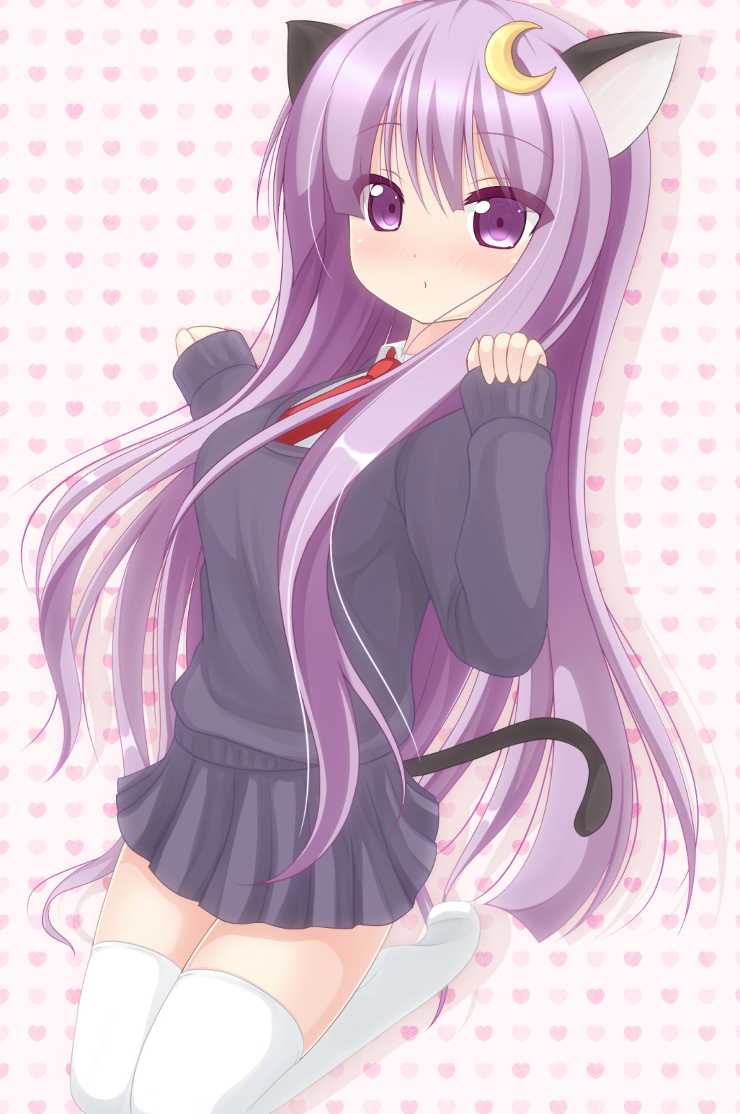 alternate_costume animal_ears cat_ears cat_tail chimunge crescent hair_ornament heart heart_background highres kemonomimi_mode long_hair necktie no_hat no_headwear patchouli_knowledge purple_eyes purple_hair skirt solo sweater tail thigh-highs thighhighs touhou very_long_hair violet_eyes white_legwear zettai_ryouiki