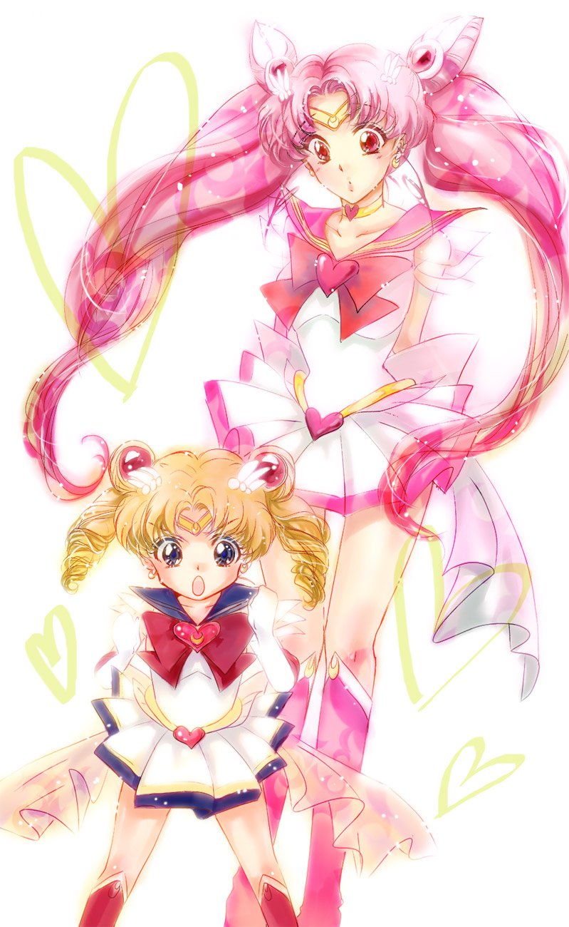 adult age_regression bishoujo_senshi_sailor_moon blonde_hair blue_eyes boots bow brooch chibi_usa choker double_bun gloves hair_ornament hairpin heart height_difference highres jewelry long_hair magical_girl makori multiple_girls pink_hair pleated_skirt red_eyes ribbon role_reversal sailor_chibi_moon sailor_collar sailor_moon short_hair skirt super_sailor_chibi_moon super_sailor_moon tiara tsukino_usagi twintails white_background