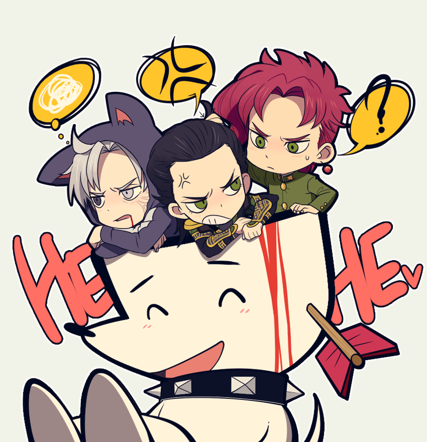 ^_^ animal_ears arrow black_eyes black_hair blood cat_ears chibi closed_eyes crossover dog eyes_closed fake_animal_ears fate/zero fate_(series) green_eyes grey_eyes heterochromia hood hoodie jojo_no_kimyou_na_bouken kakyouin_noriaki laphy leash loki_(marvel) marvel matou_kariya pink_hair red_hair redhead school_uniform speech_bubble spoken_anger_vein spoken_squiggle squiggle