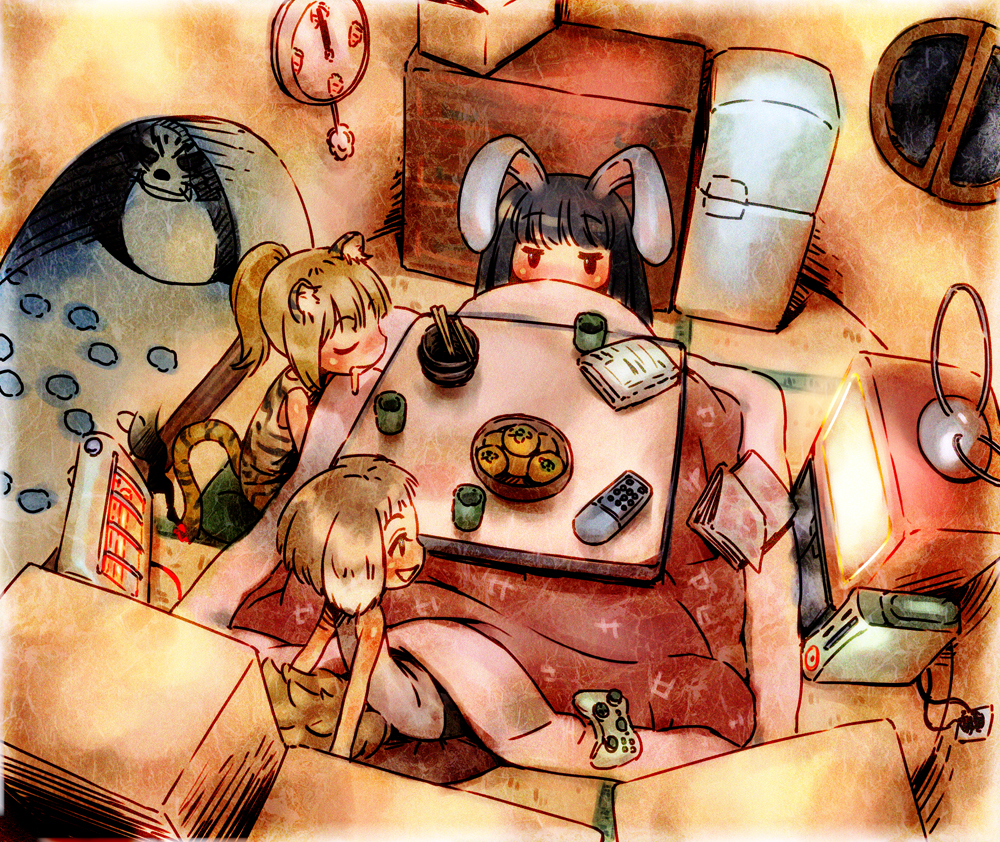 animal_ears blush bunny_ears costume cozy heater kotatsu rabbit_ears saliva sleeping table tail television tiger_costume tiger_ears tiger_print tiger_tail xbox