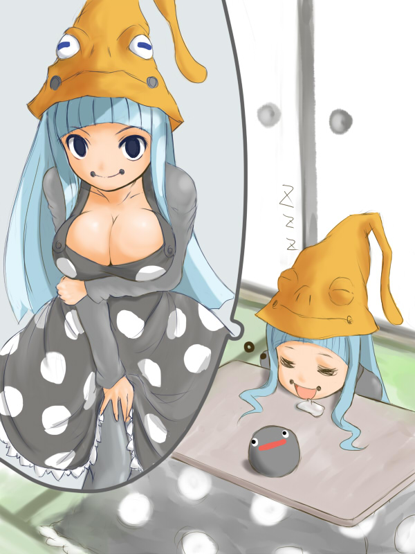 blue_hair breasts cleavage dreaming eruka_frog ginjyasei hat huge_breasts kotatsu long_hair pantyhose saliva skirt skirt_lift sleeping smile soul_eater table witch witch_hat wizard_hat