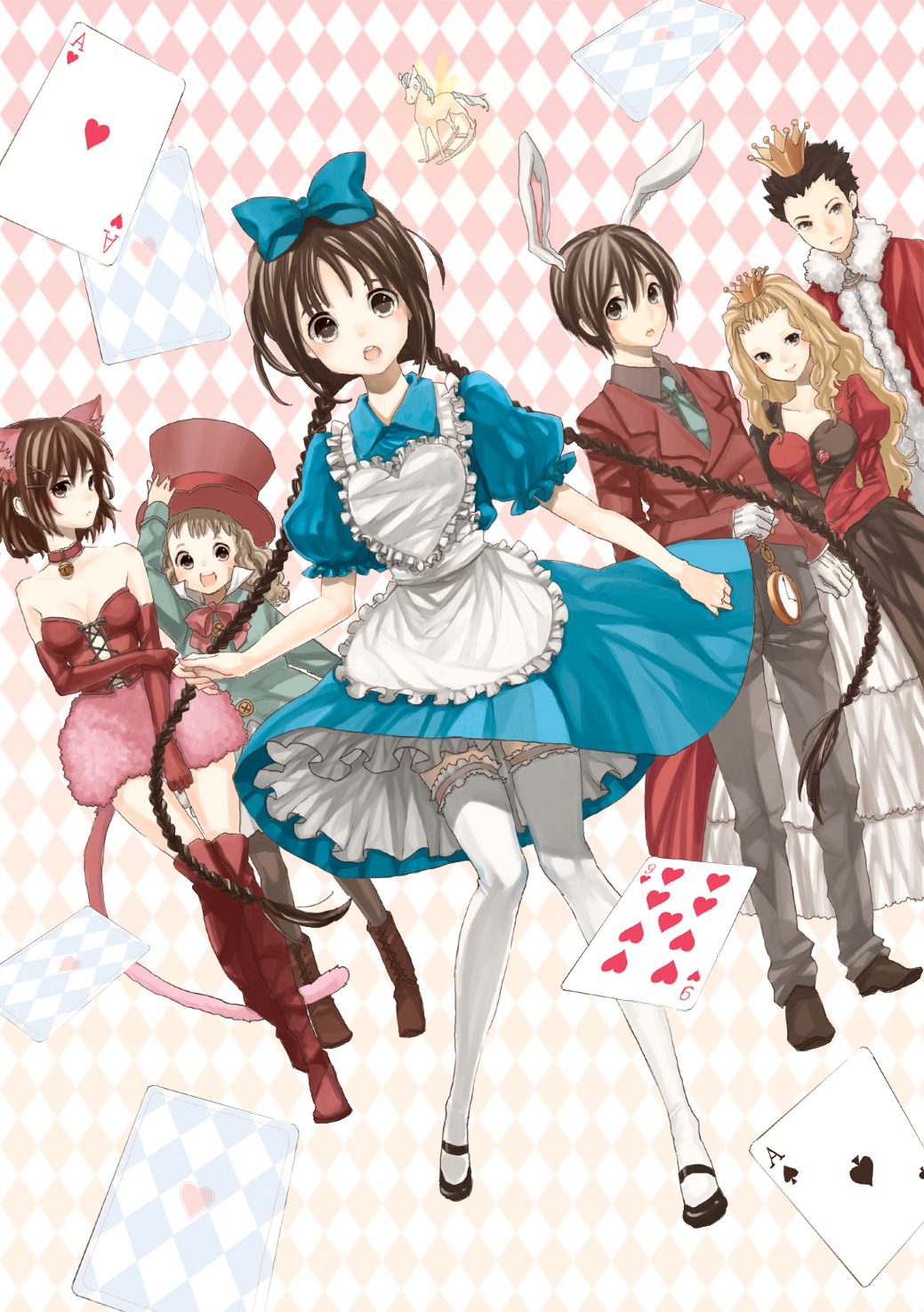 alice_in_wonderland animal_ears blush boots braid brown_eyes brown_hair bunny_ears card cards cheshire_cat child crown dress elbow_gloves falling_card gloves hair_ribbon hat highres kumatani legs long_hair mad_hatter queen_of_hearts rabbit_ears ribbon slip_skirt tail thigh-highs thigh_boots thighhighs twin_braids very_long_hair white_legwear white_rabbit white_thighhighs