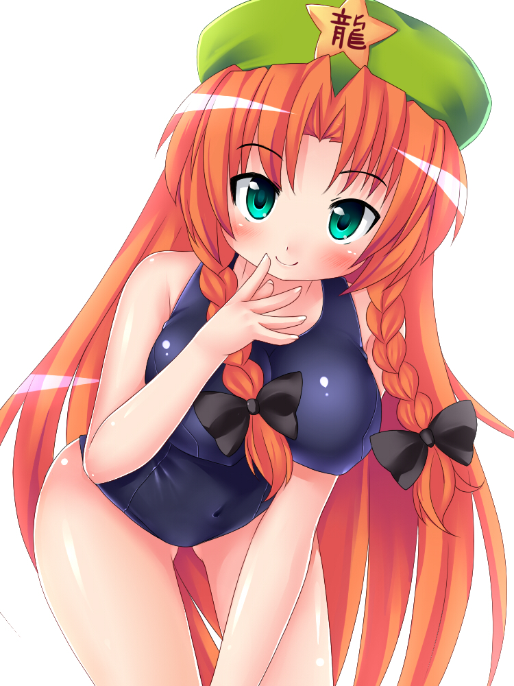 aqua_eyes bad_id bow braid breasts green_eyes hair_bow hat hong_meiling kuro_minamo large_breasts leaning_forward long_hair looking_at_viewer one-piece_swimsuit red_hair redhead school_swimsuit simple_background smile solo swimsuit touhou twin_braids