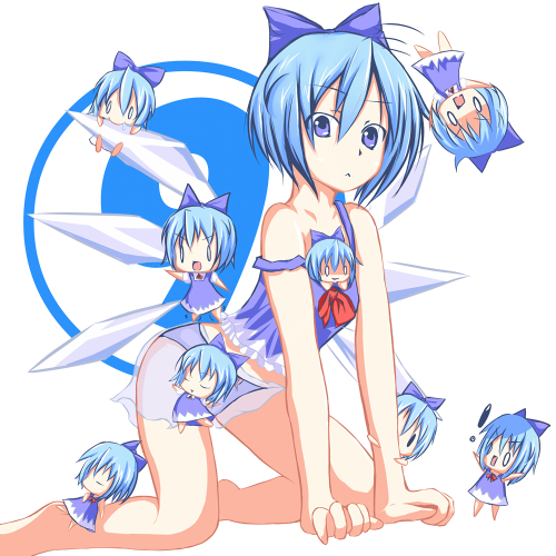 0_0 all_fours biting blue_eyes blue_hair blue_panties bow camisole cirno codemofel flat_chest hair_bow kneeling lingerie lowres panties skirt strap_slip touhou underwear ⑨