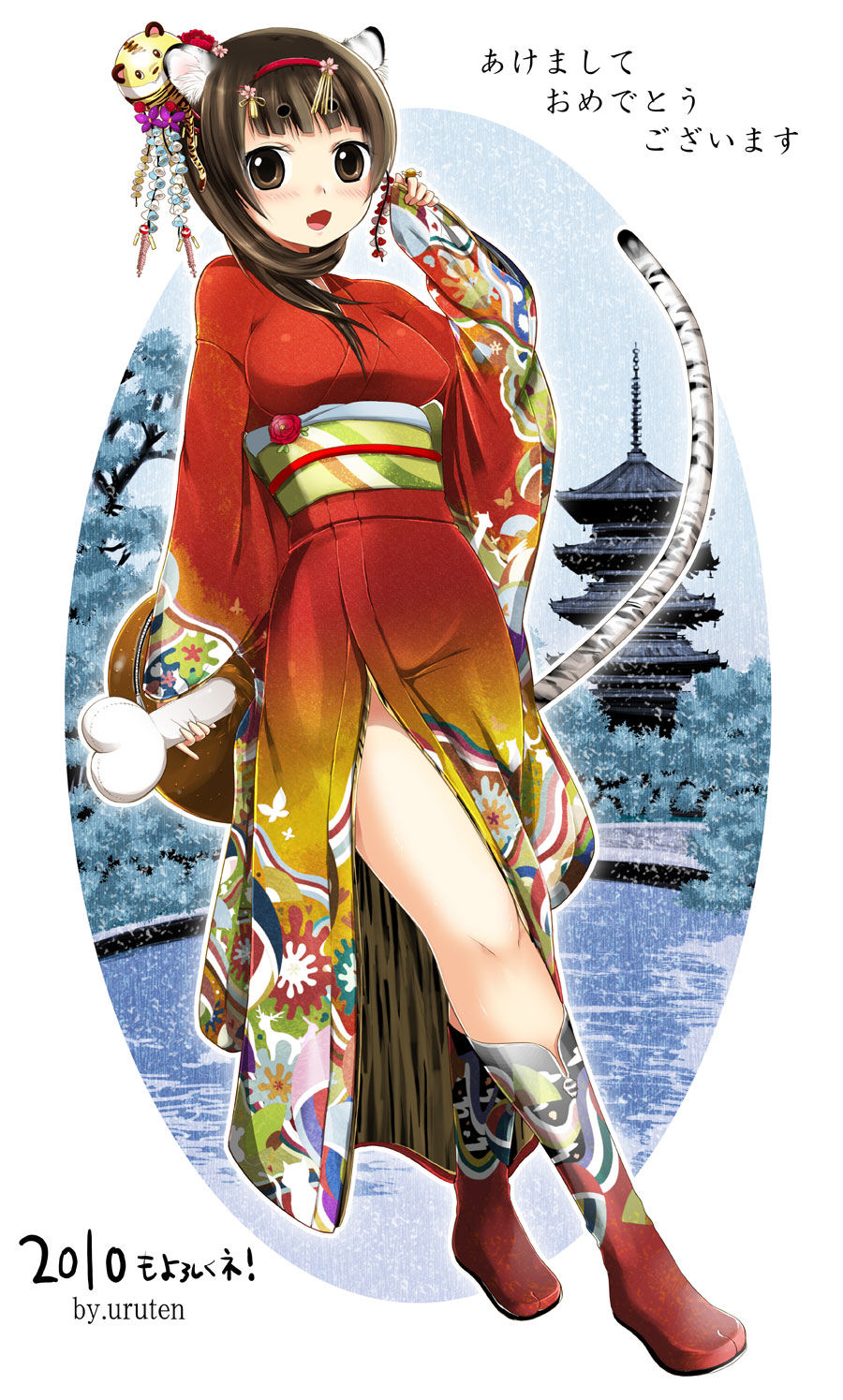 animal_ears blush boned_meat boots brown_eyes brown_hair fang food food_themed_clothes hairband highres japanese_clothes kimono legs long_hair meat miyano_ururu new_year tail