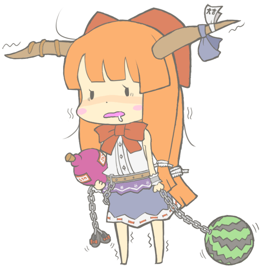 blush_stickers chibi chikuwabu food fruit horns ibuki_suika orange_hair saliva touhou transparent_background watermelon