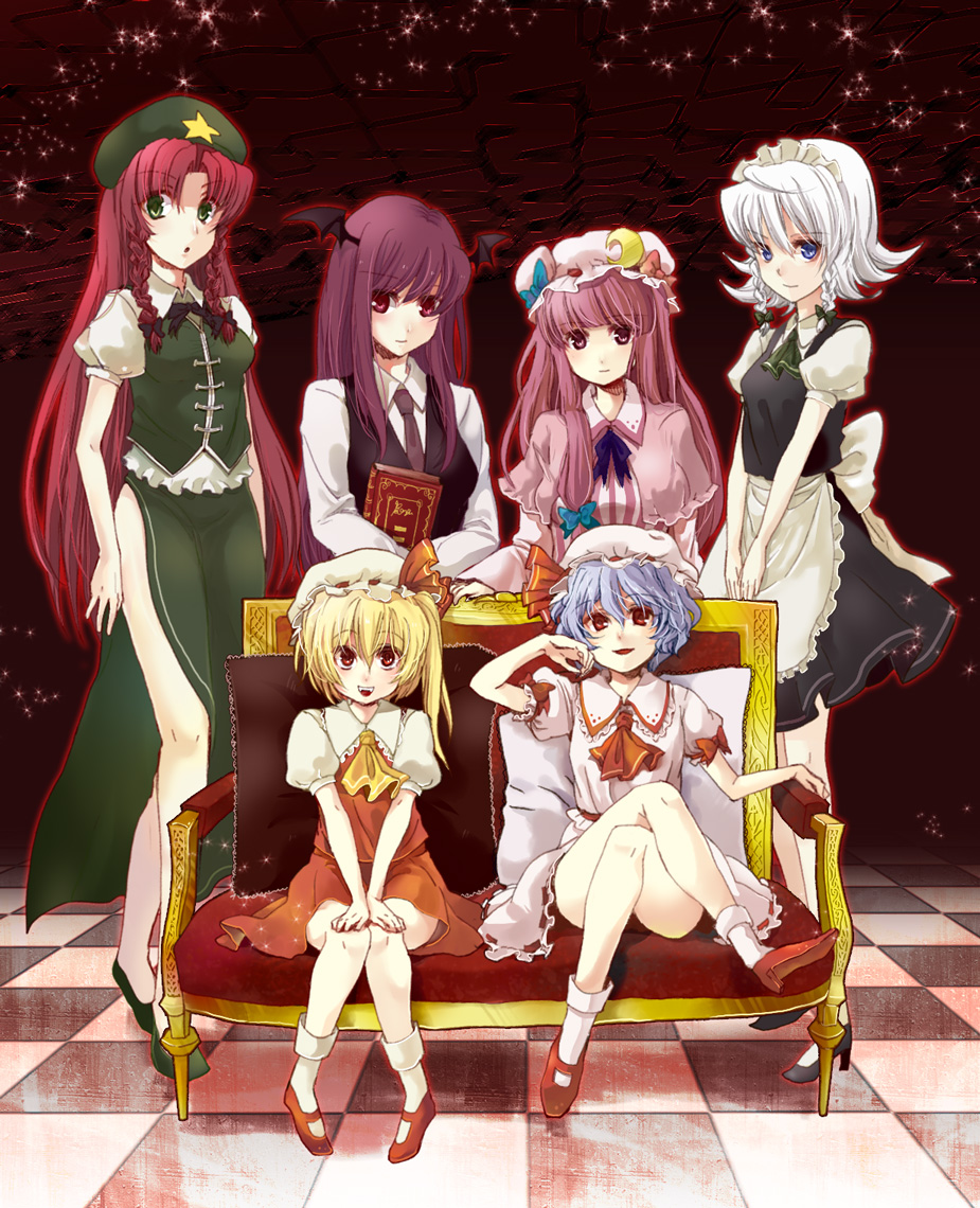 :o ascot bare_legs blonde_hair blue_eyes book braid checkered checkered_floor chinese_clothes couch crescent crossed_arms crossed_legs fangs flandre_scarlet green_eyes group_picture hat head_wings hong_meiling izayoi_sakuya koakuma lavender_hair long_hair maid maid_headdress multiple_girls no_wings patchouli_knowledge pink_eyes pink_hair purple_eyes purple_hair red_eyes red_hair remilia_scarlet short_hair side_slit silver_hair sitting standing the_embodiment_of_scarlet_devil touhou twin_braids white_hair yuki_(popopo)