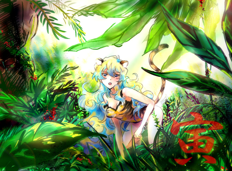animal_ears breasts cleavage forest long_hair nature nia_teppelin strap_slip tail taira_momen tengen_toppa_gurren_lagann tiger_ears tiger_print tiger_tail