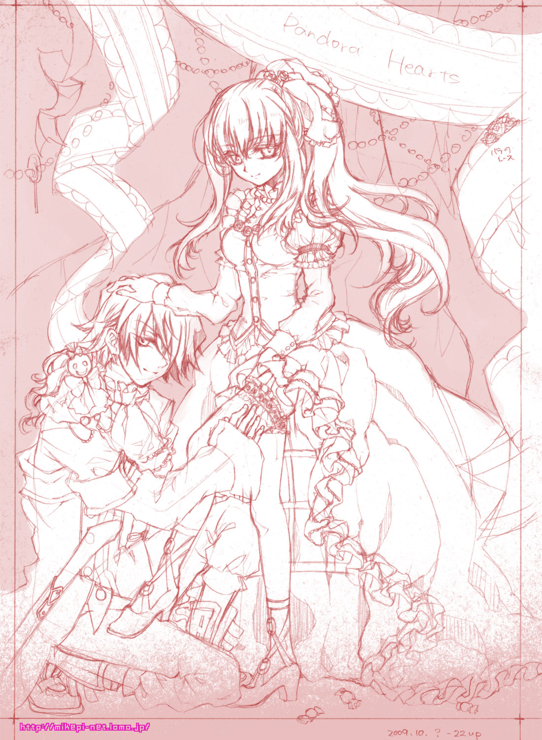 boots candy dress emily_(pandora_hearts) flower formal hair_over_one_eye highres jewelry long_hair mikepi monochrome pandora_hearts ponytail sharon_rainsworth short_hair smile xerxes_break