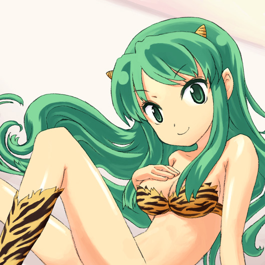 boots breasts buntan green_eyes green_hair horns long_hair lum midriff oni swimsuit tiger_print urusei_yatsura